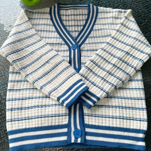 Kids’ Striped Knit Cardigan Blue and White Button-Up - Picture 5 of 9